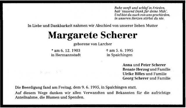 Von Larcher Margarete 1903-1995 Todesanzeige